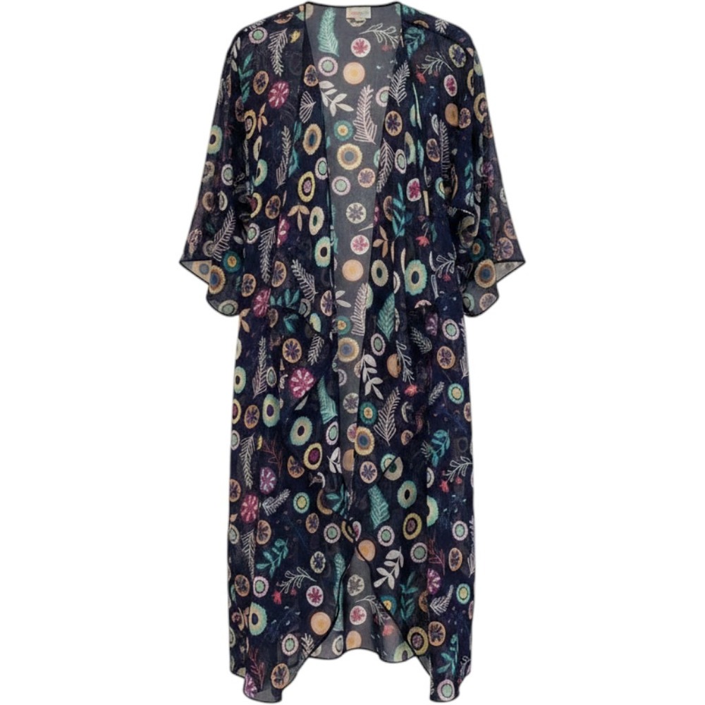 LuLaRoe Lindsay Kimono Cardigan Small Navy Blue Floral Sheer Chiffon Duster